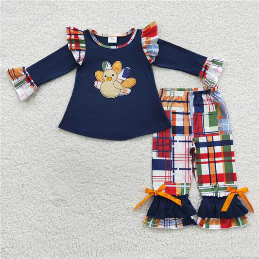 GLP0472 Embroidery Turkey Check Lace bow navy blue