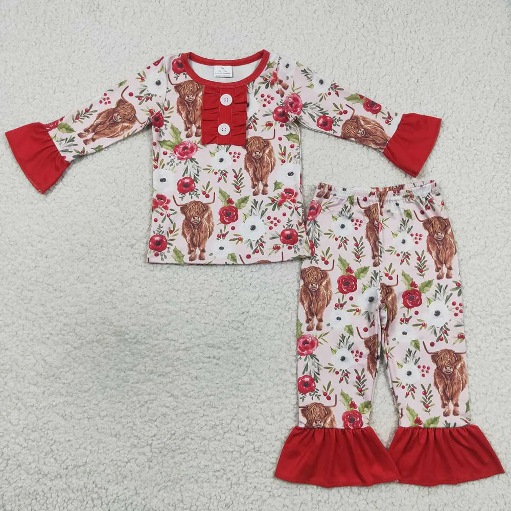 Sibling Baby Girls Flowers Highland Cows Ruffle Pant Western Pajamas Set Knee Length Dress C12.2