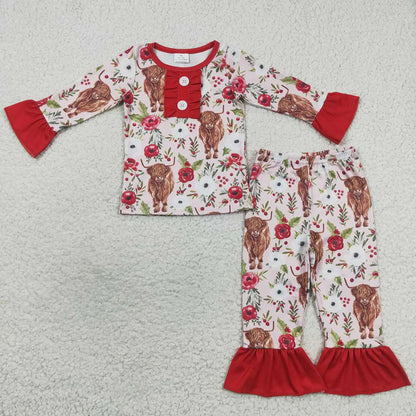 Sibling Baby Girls Flowers Highland Cows Ruffle Pant Western Pajamas Set Knee Length Dress C12.2