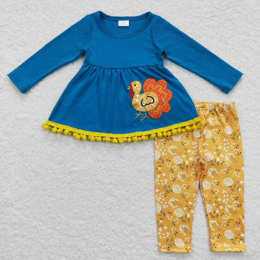 GLP0720 Embroidery Turkey Blue Long Sleeve Flower Yellow Pants Suit