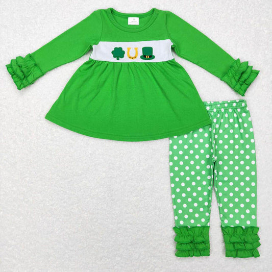 GLP0851 Embroidered Four Leaf Clover Lace Green Long Sleeve Polka Dot Trousers 