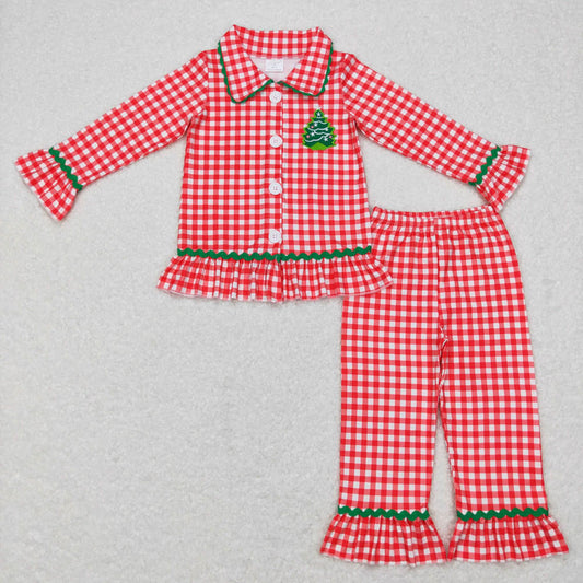 GLP0854 Embroidery Star Christmas Tree Red and White Plaid Lace Pants Suit