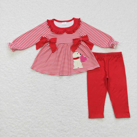 GLP0891 Embroidery Puppy Love Bow Lace Red and White Stripe Suit