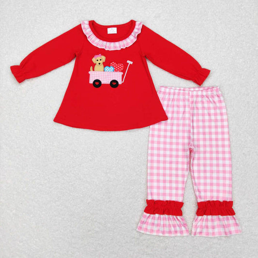 GLP0900 Embroidery Love Dog Red Long Sleeve Pink Plaid Pants Suit