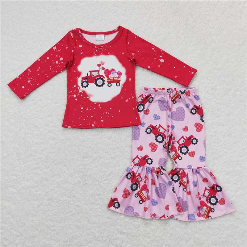 Plaid Love Truck Tractor Red Long Sleeve Pink Pants Suit Combination