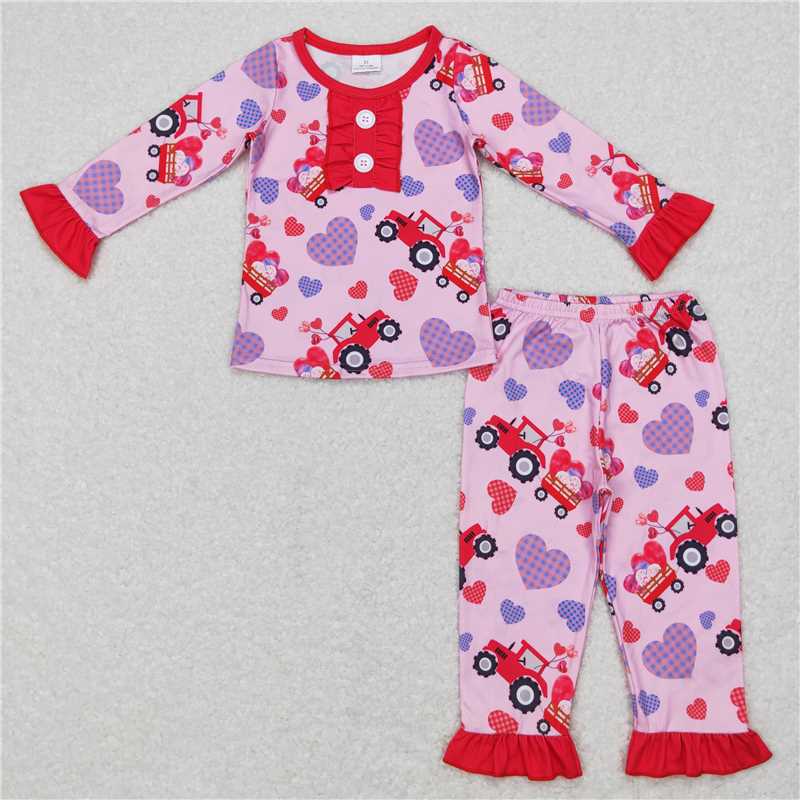 Plaid Love Truck Tractor Red Long Sleeve Pink Pants Suit Combination