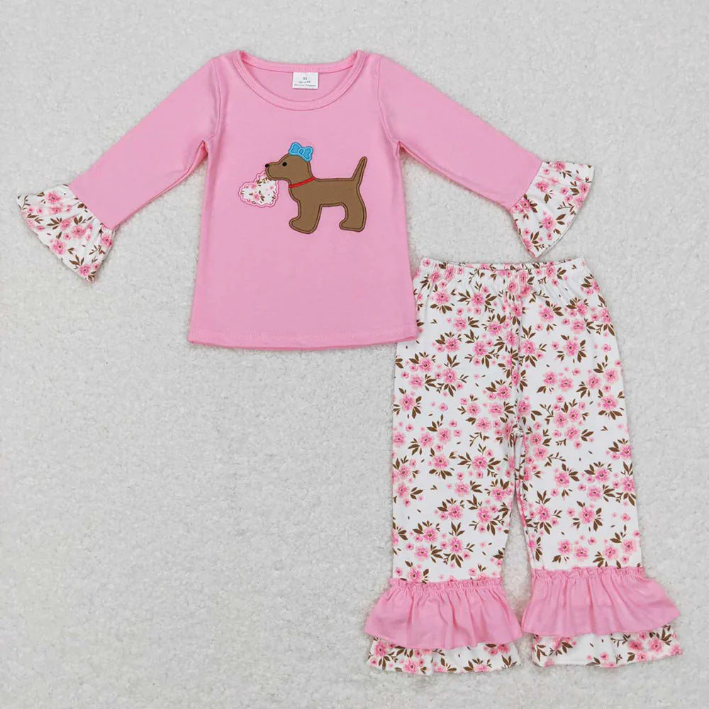 Sibling Baby Girls Embroidery Floral Heart Dogs Ruffle Pant Valentines Clothes Sets Footie Rompers C11.29