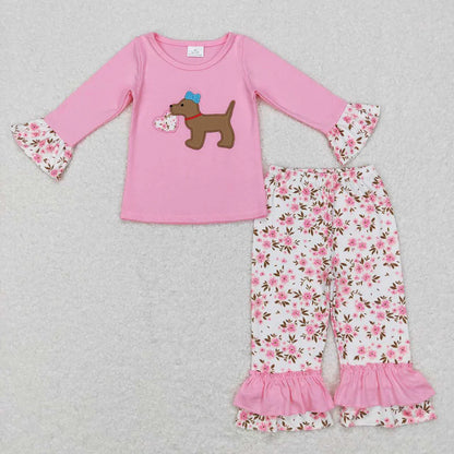 Sibling Baby Girls Embroidery Floral Heart Dogs Ruffle Pant Valentines Clothes Sets Footie Rompers C11.29