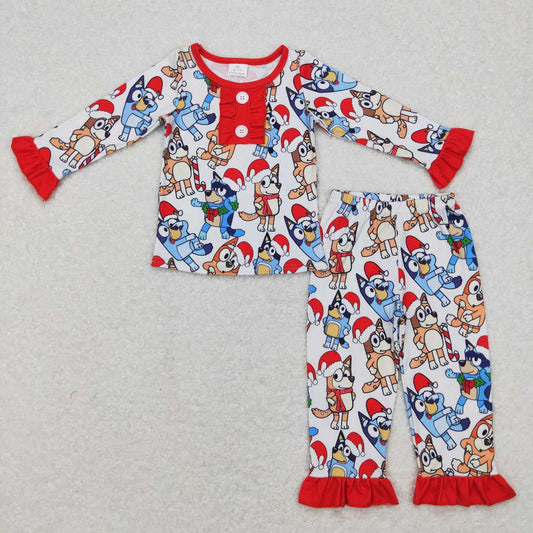 GLP0984 Cartoon Christmas hat with floral border red and white long sleeve pants suit