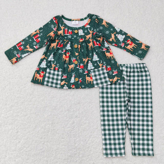 GLP0990 Fawn Gift Christmas Tree Pocket Long Sleeve Green and White Plaid Pants Suit