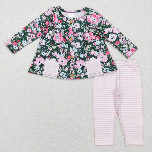 GLP0994 Flower pocket green long sleeve pink and white striped trousers