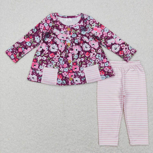 GLP0995 Flower pocket purple long sleeve pink and white striped trousers