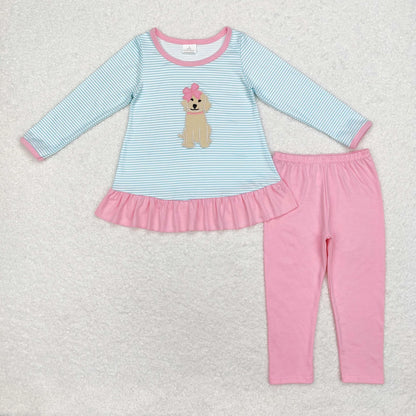Sibling Baby Girls Embroidery Bows Dogs Stripe Tunic Leggings Pants Valentine Clothes Sets C10.24
