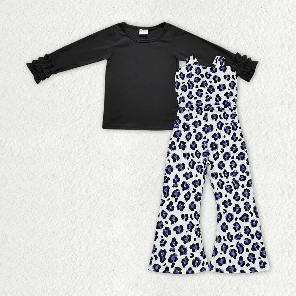 6 A16-4+ SR1932 Baby Girls Black Top Leopard Jumpsuits 2pcs Clothes Sets