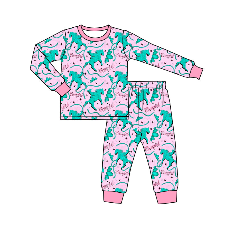 GLP1911 Baby Girls Western Cowgirl Horse Tops Pants Pajamas Clothes Sets Preorder