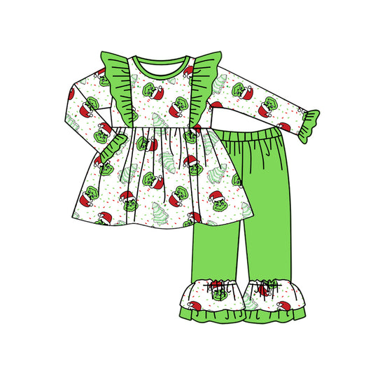 GLP1933 Baby Girls Christmas Green Frog Tunic Tops Ruffle Pants Clothes Sets Preorder
