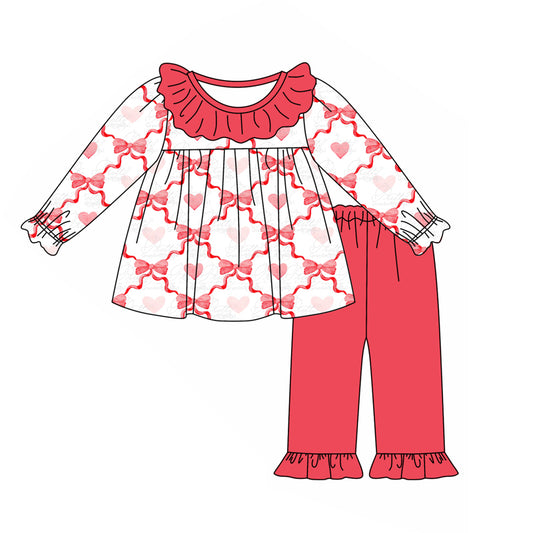 GLP1934 Baby Girls Valentines Hearts Bows Tunic Tops Ruffle Pants Clothes Sets Preorder