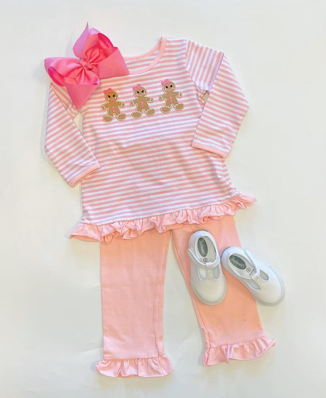 GLP1965 Baby Girls Christmas Stripes Gingerbread Tunic Ruffle Pants Clothes Sets Preorder