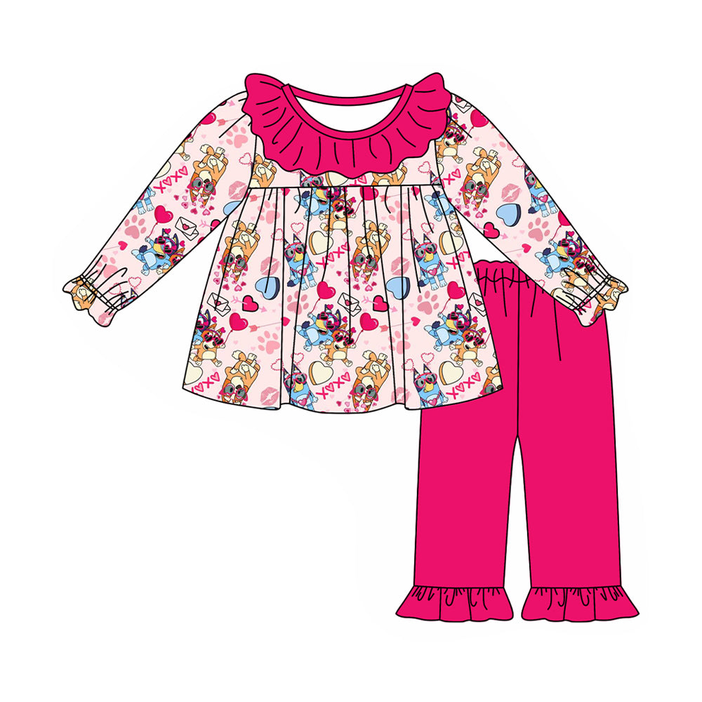 GLP1966 Baby Girls Valentines Pink Dogs Tunic Top Pants Clothes Sets Preorder