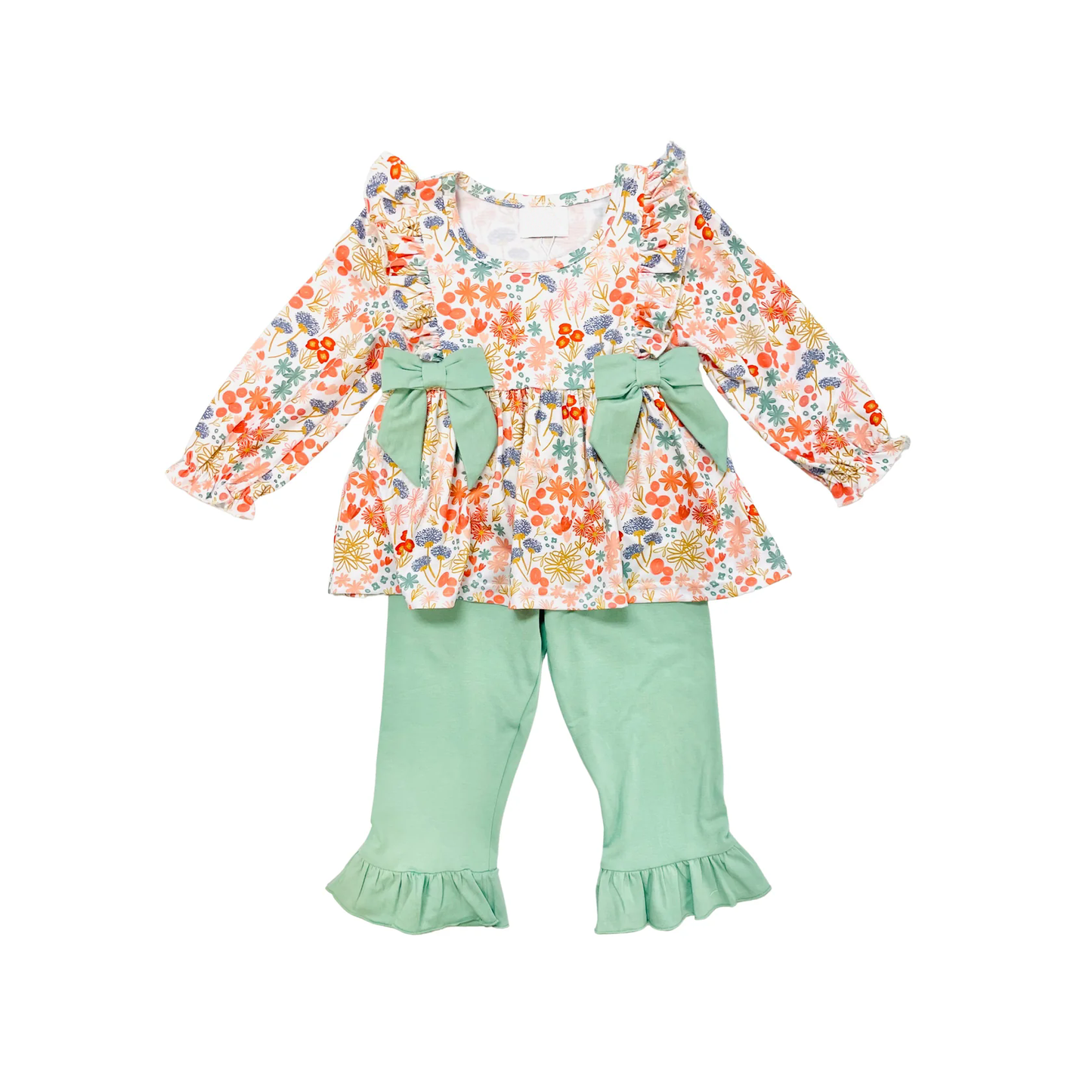 GLP1967 Baby Girls Orange Small Flowers Bows Tunic Pants Outfits Clothes Sets Preorder