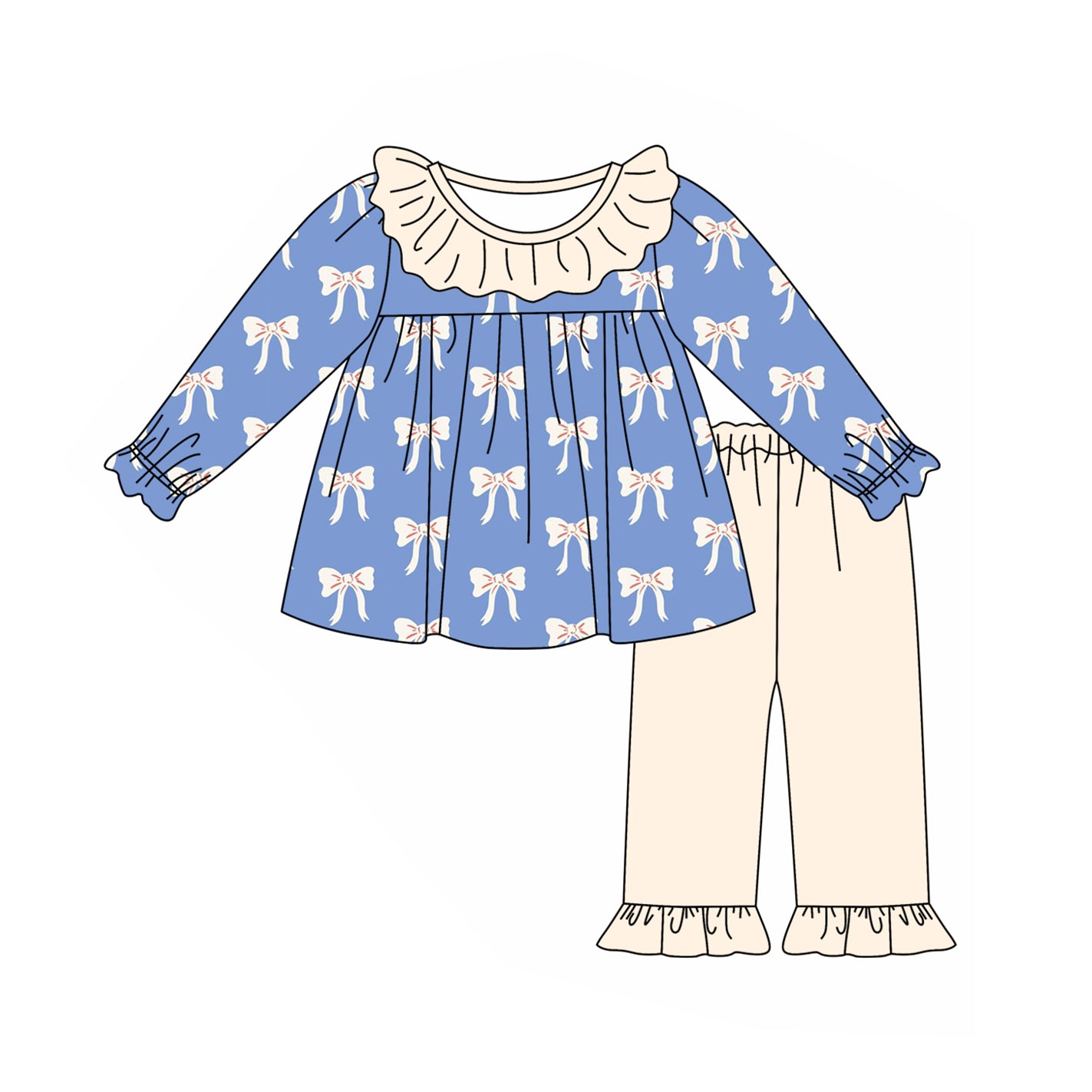 GLP1972 Baby Girls Blue Bows Ruffle Tunic Pants Outfits Clothes Sets Preorder