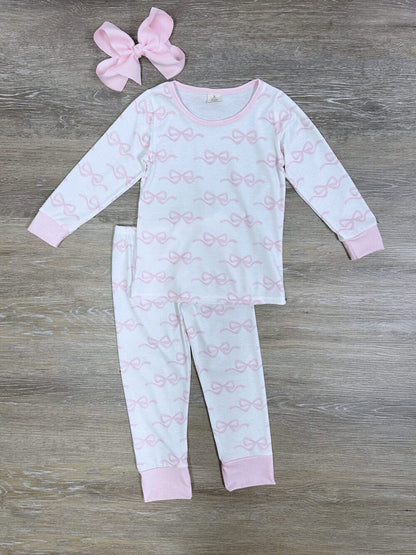 GLP2180 Baby Girls Pink Bows Top Pants Pajamas Clothes Set