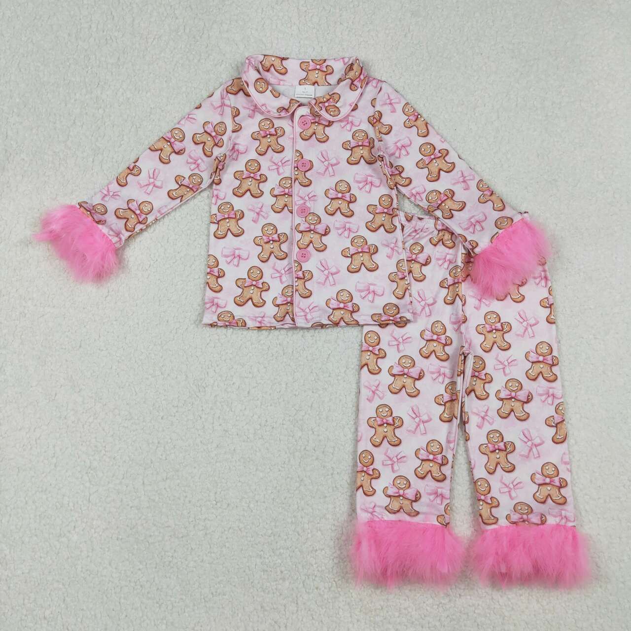 Mama and Me Pink Bows Gingerbread Button Top Pants Christmas Fur Pajamas Sets C10.25