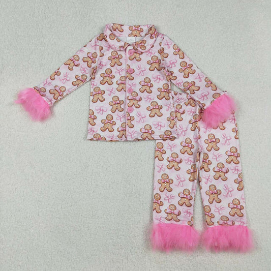 Mama and Me Pink Bows Gingerbread Button Top Pants Christmas Fur Pajamas Sets C10.25