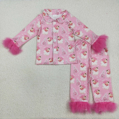 Mama and Me Pink Trees Santa Button Top Pants Christmas Fur Sleeve Pajamas Sets C10.28