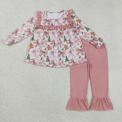 Sibling Baby Girls Pink Bows Gingerbread Trees Top Pants Christmas Pajamas Clothes Sets C10.14