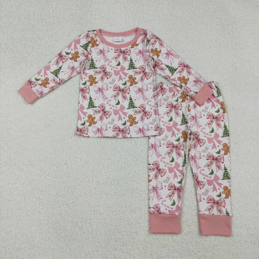 Sibling Baby Girls Pink Bows Gingerbread Trees Top Pants Christmas Pajamas Clothes Sets C10.14