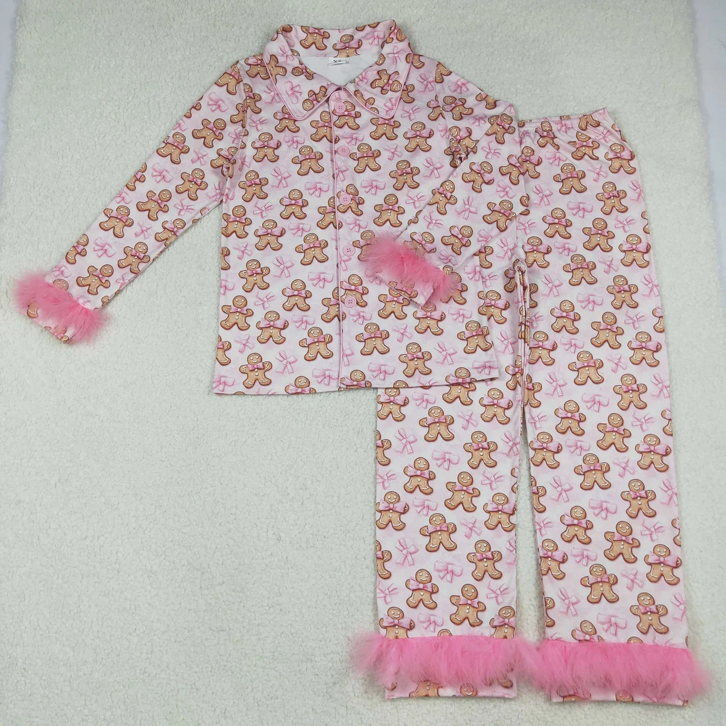 Mama and Me Pink Bows Gingerbread Button Top Pants Christmas Fur Pajamas Sets C10.25