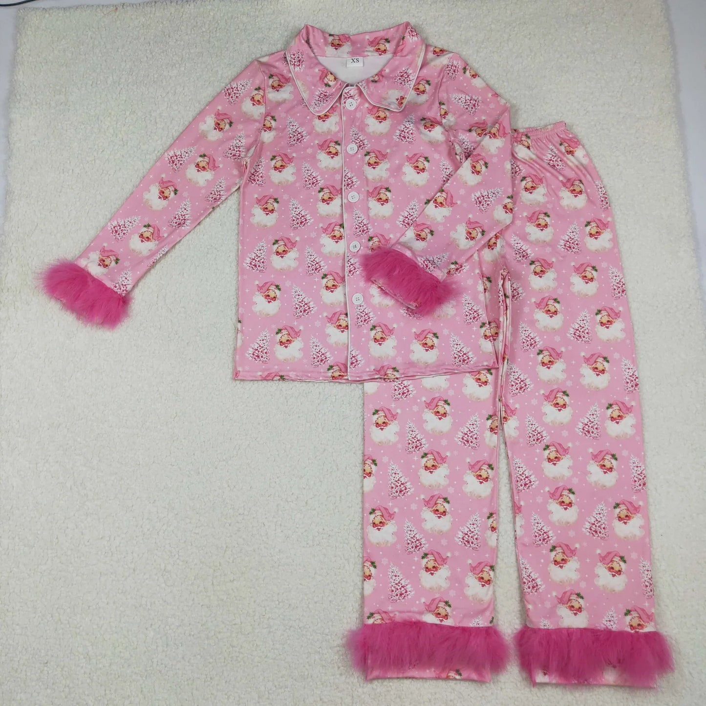 Mama and Me Pink Trees Santa Button Top Pants Christmas Fur Sleeve Pajamas Sets C10.28