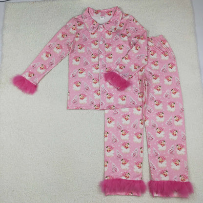 Mama and Me Pink Trees Santa Button Top Pants Christmas Fur Sleeve Pajamas Sets C10.28
