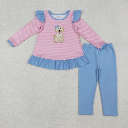 Sibling Baby Girls Embroidery Bows Dogs Stripe Tunic Leggings Pants Valentine Clothes Sets C10.24