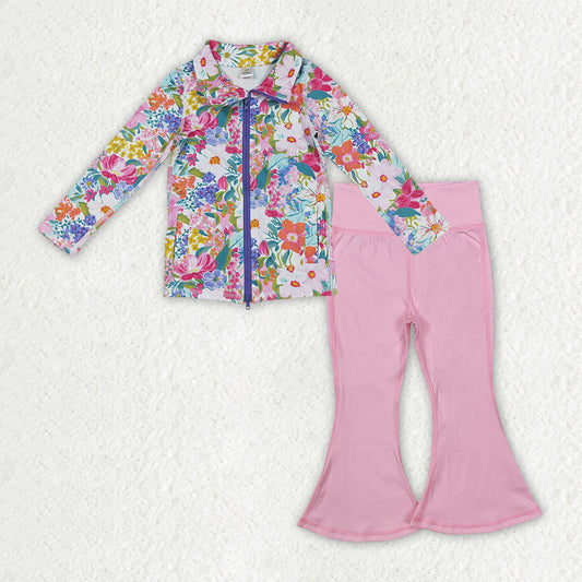GT1061+P0576 Baby Girls Floral Pockets Zipper Jackets Bell Bottom Pants Yoga Active Clothes Set C9.22