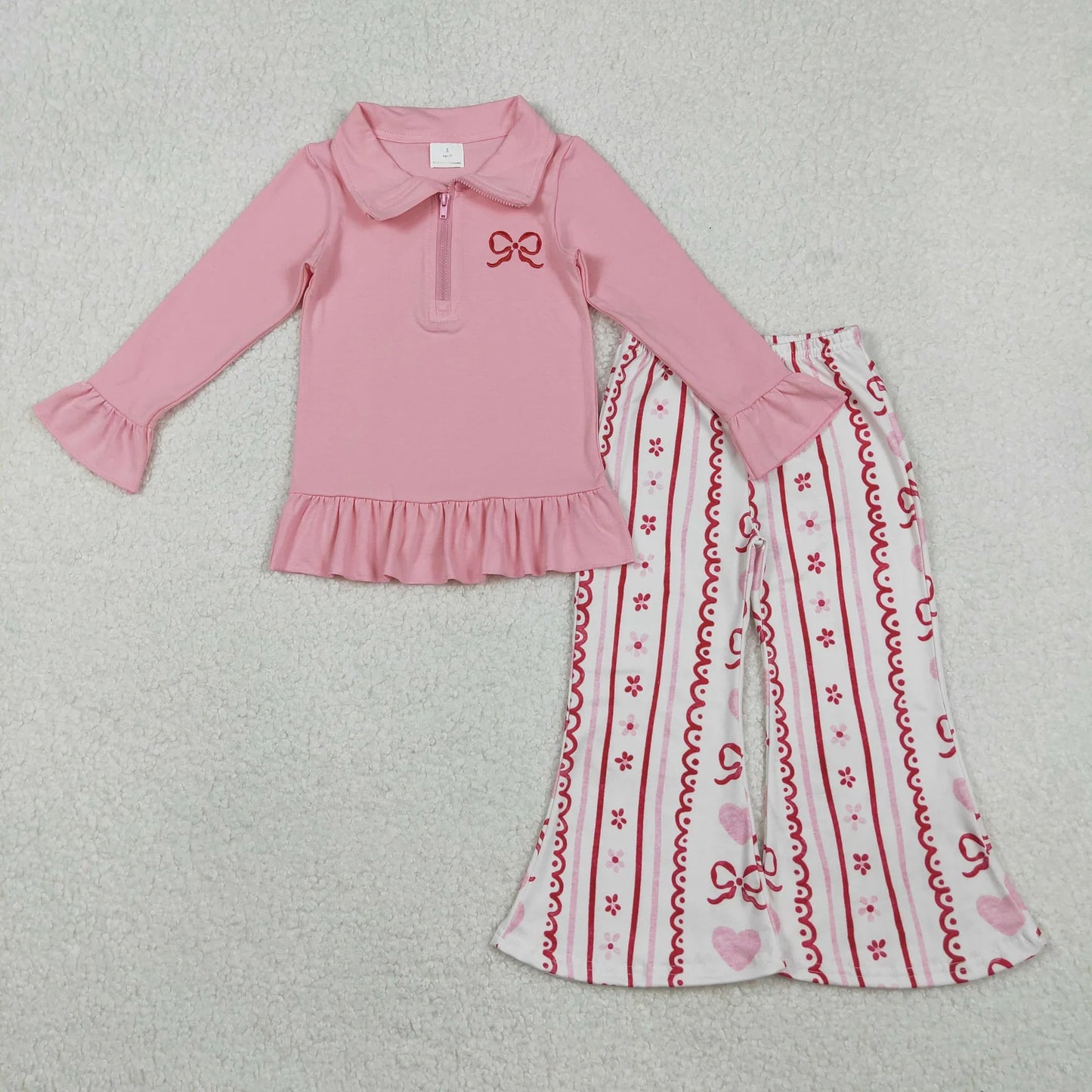 Sibling Baby Girls Embroidery Hearts Bows Zip Pullovers Flare Pants Valentines Clothes Sets C11.21