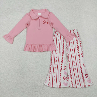 Sibling Baby Girls Embroidery Hearts Bows Zip Pullovers Flare Pants Valentines Clothes Sets C11.21