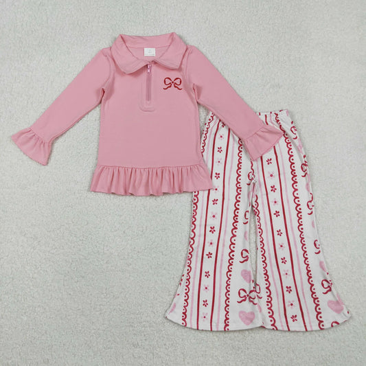 Sibling Baby Girls Embroidery Hearts Bows Zip Pullovers Flare Pants Valentines Clothes Sets C11.21