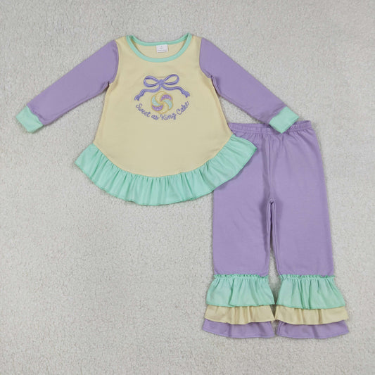 RTS GLP2979 Baby Girls Winter Clothes Embroidery Sweet as King Cake Donuts Baby Girls Mardigras Ruffle Pants Clothes Sets