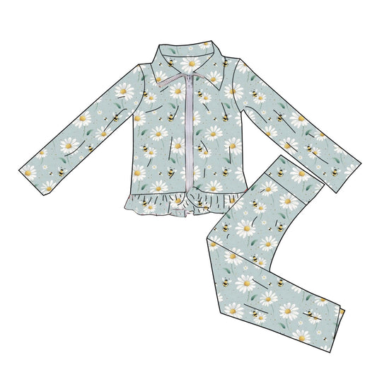 C12.5 GLP3256 Baby Girls Daisy Flowers Bees Zip Jackets Legging Pants Yoga Clothes Sets Preorder