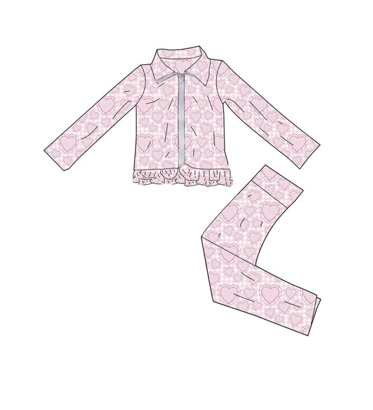 C12.5 GLP3257 Baby Girls Pink Checked Hearts Zip Jackets Leggings Valentines Yoga Clothes Sets Preorder