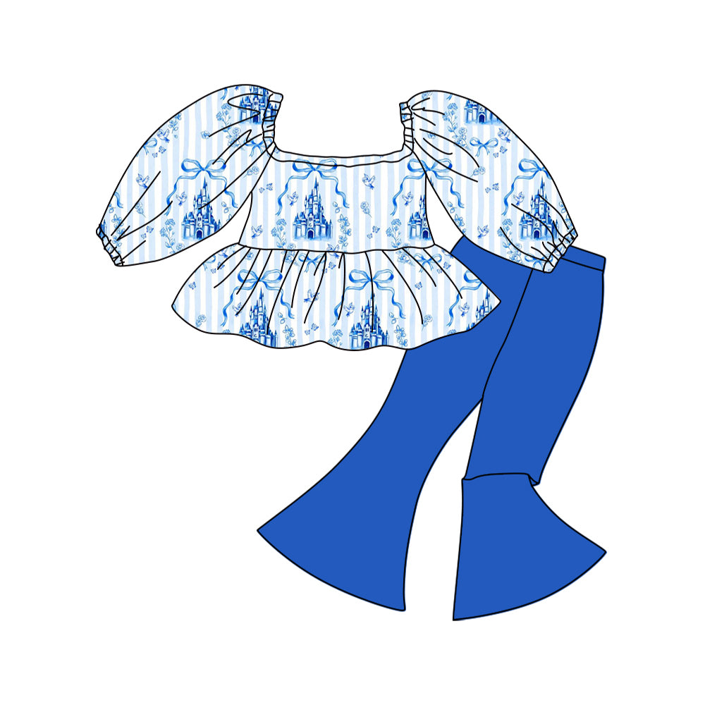 C12.12 GLP3283 Baby Girls Blue Stripe Bows Castles Tunic Bell Bottom Pants Clothes Sets Preorder