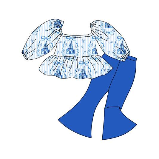 C12.12 GLP3283 Baby Girls Blue Stripe Bows Castles Tunic Bell Bottom Pants Clothes Sets Preorder