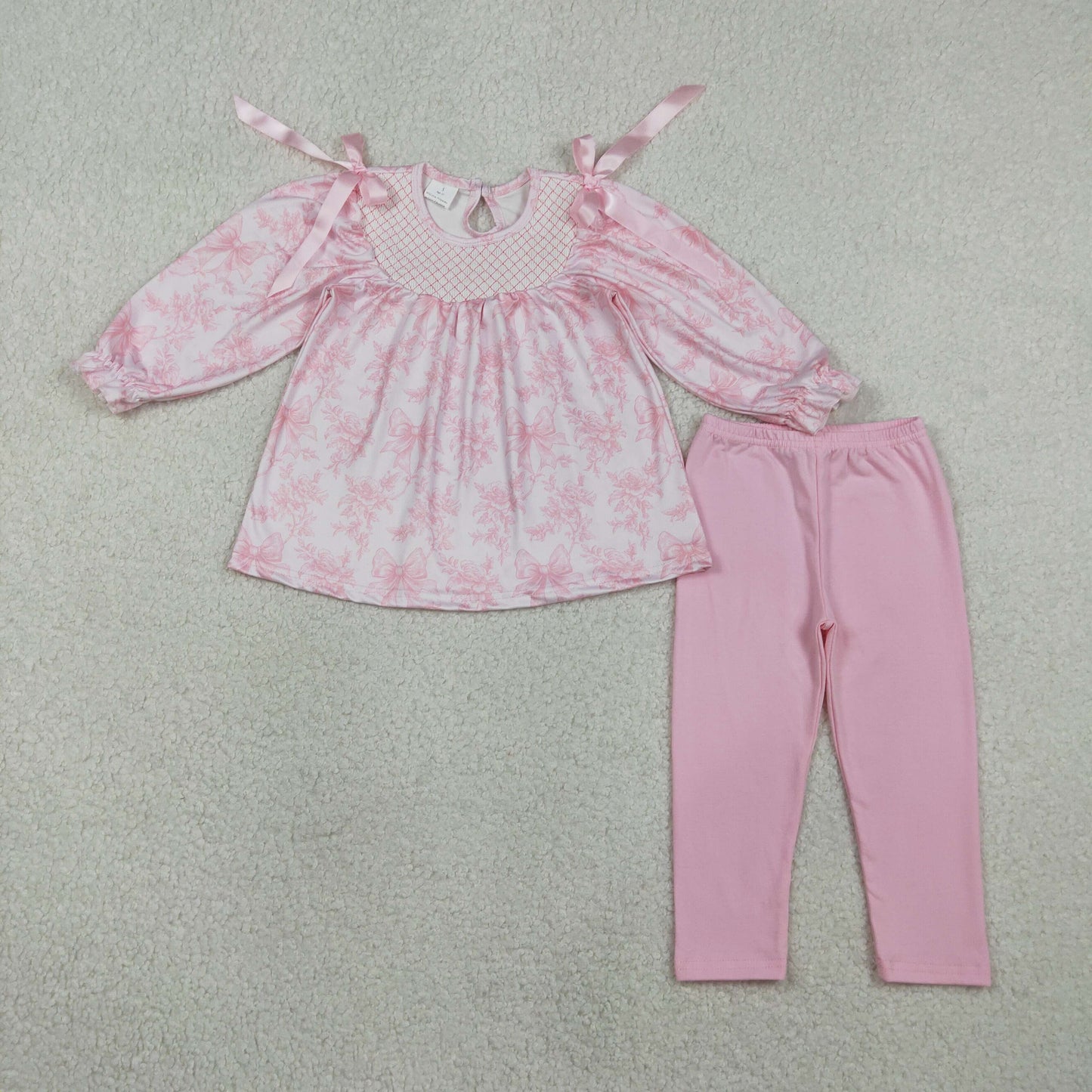 RTS GLP3285 Embroidery Checked Baby Girls Pink Flowers Tunic Legging Pants Clothes Sets