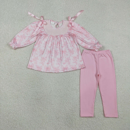 RTS GLP3285 Embroidery Checked Baby Girls Pink Flowers Tunic Legging Pants Clothes Sets