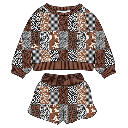 C12.12 GLS0079 Baby Girls leopard Cow Print Checked Top Shorts Western Clothes Sets Preorder