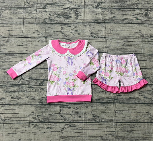 Sample GLS0082 Cute Baby Girls Pink Flowers Collar Top Ruffle Shorts Clothes Sets