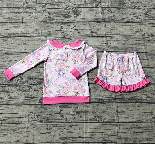 Sample GLS0082 Cute Baby Girls Pink Flowers Collar Top Ruffle Shorts Clothes Sets