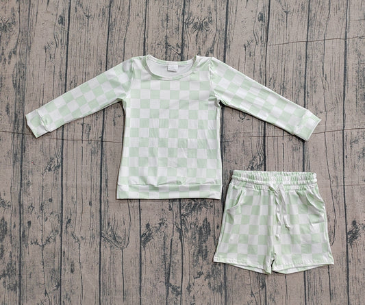 Sample GLS0086 Cute Baby Girls Light Green Checked Long Sleeve Top Pockets Shorts Clothes Sets